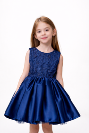 Dark Blue Satin Girls’ dress embellished with a ribbon