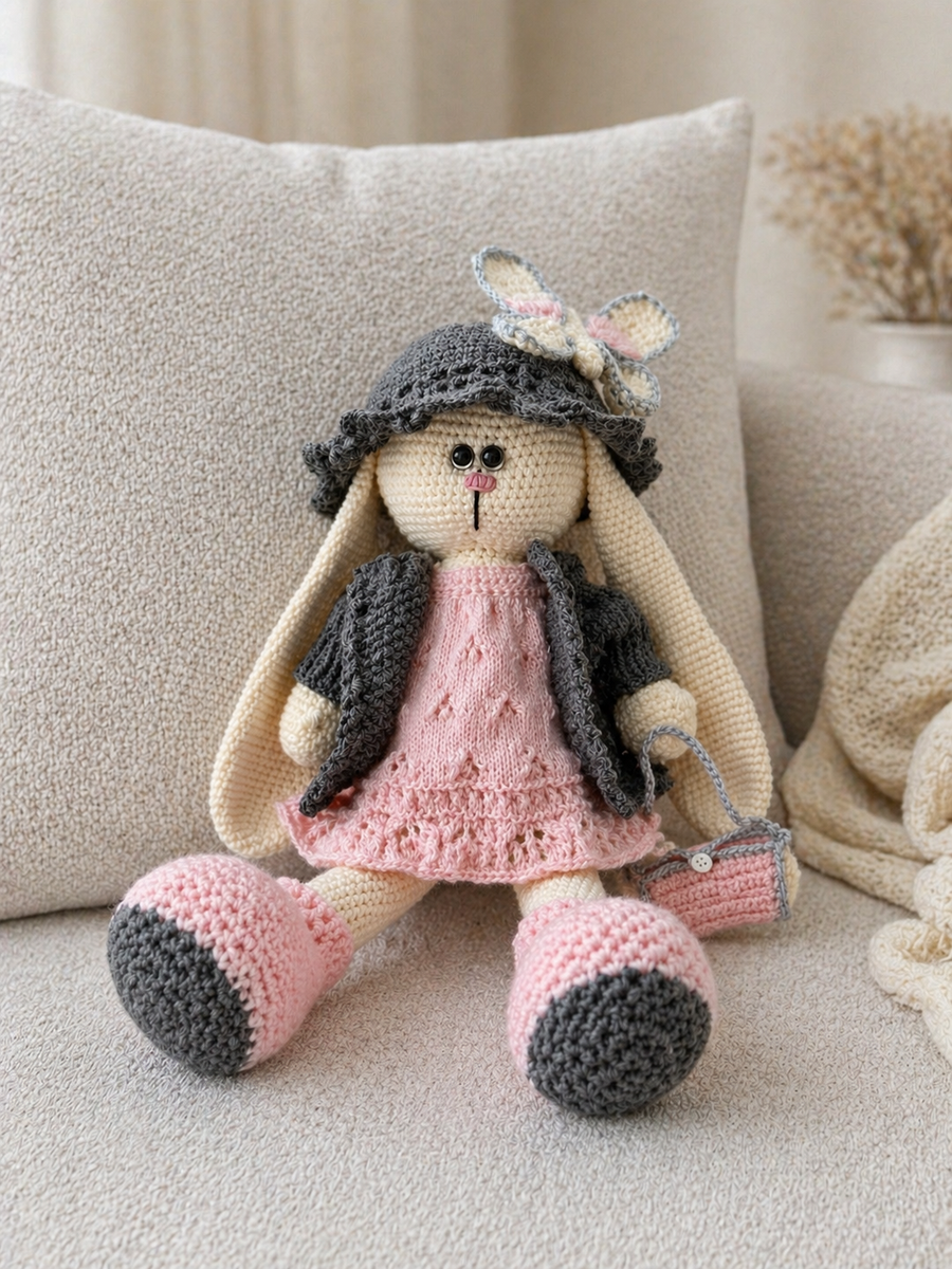 Hand-knitted rabbit toy Rosie Moonpaw