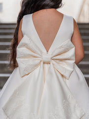 Kids white satin dress with lace embellished ribbon
