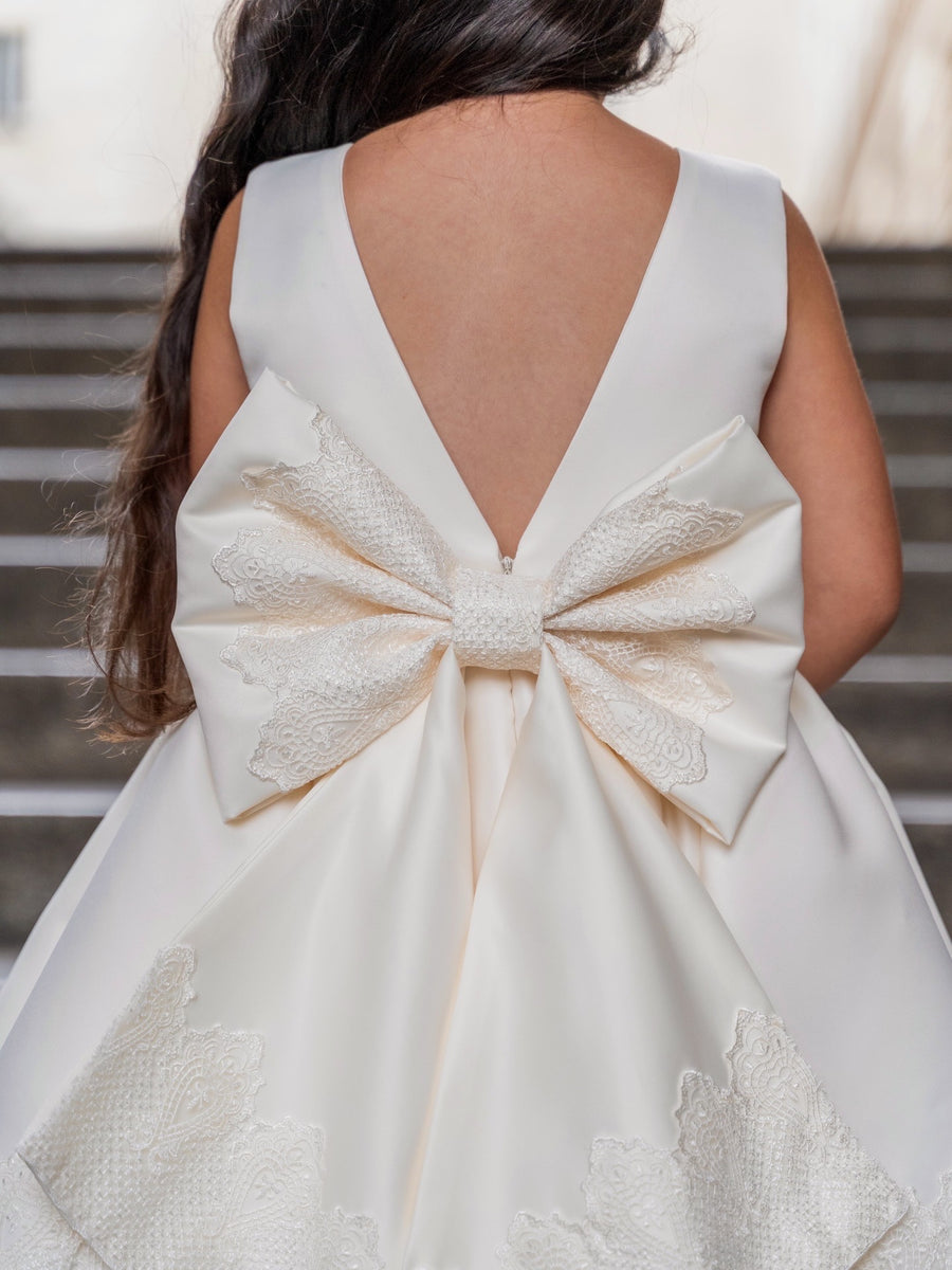 Kids white satin dress with lace embellished ribbon