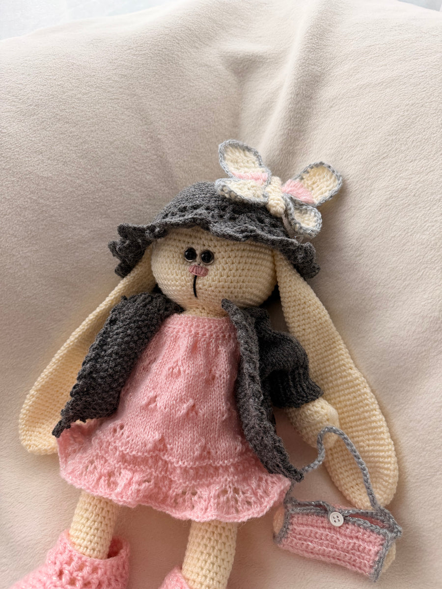 Hand-knitted rabbit toy Rosie Moonpaw