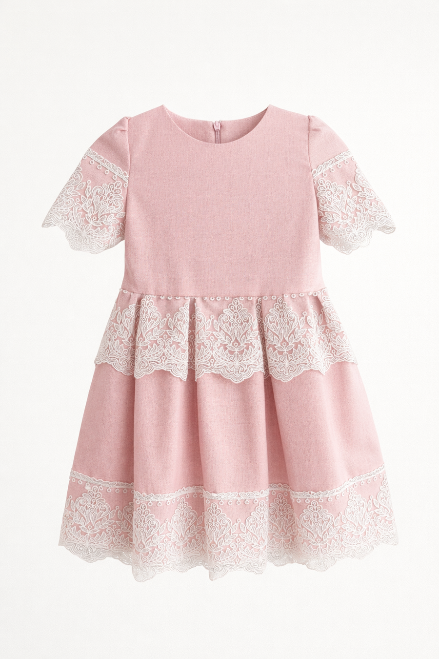 Kids pink linen dress embellished with lace