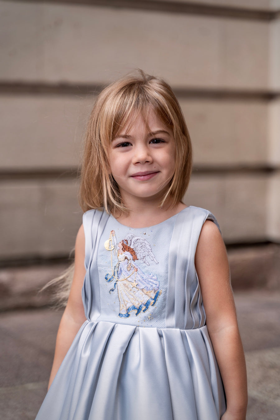 Elegant Silver Blue Girls’ Dress with Embroidered Detail