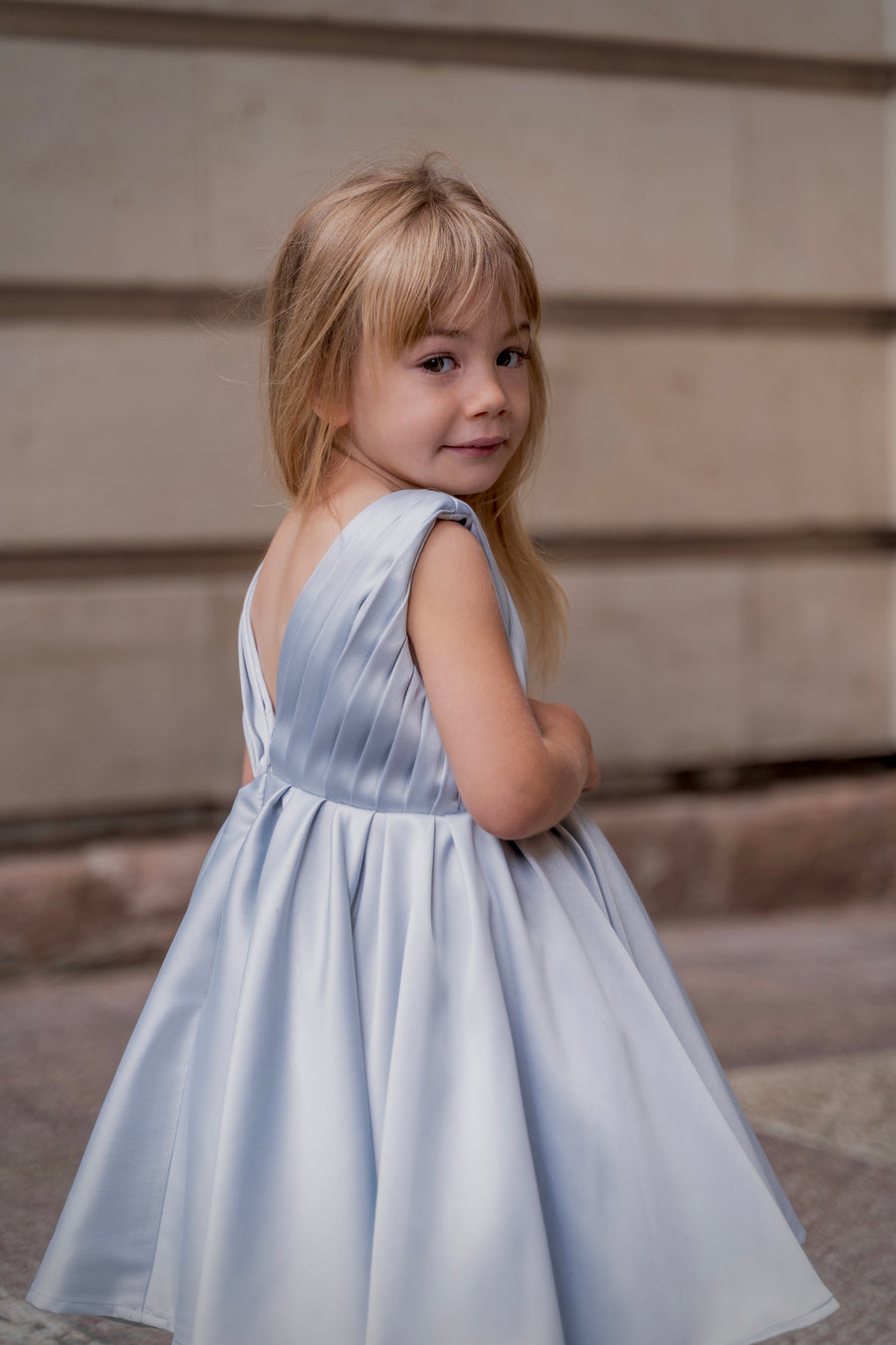 Elegant Silver Blue Girls’ Dress with Embroidered Detail