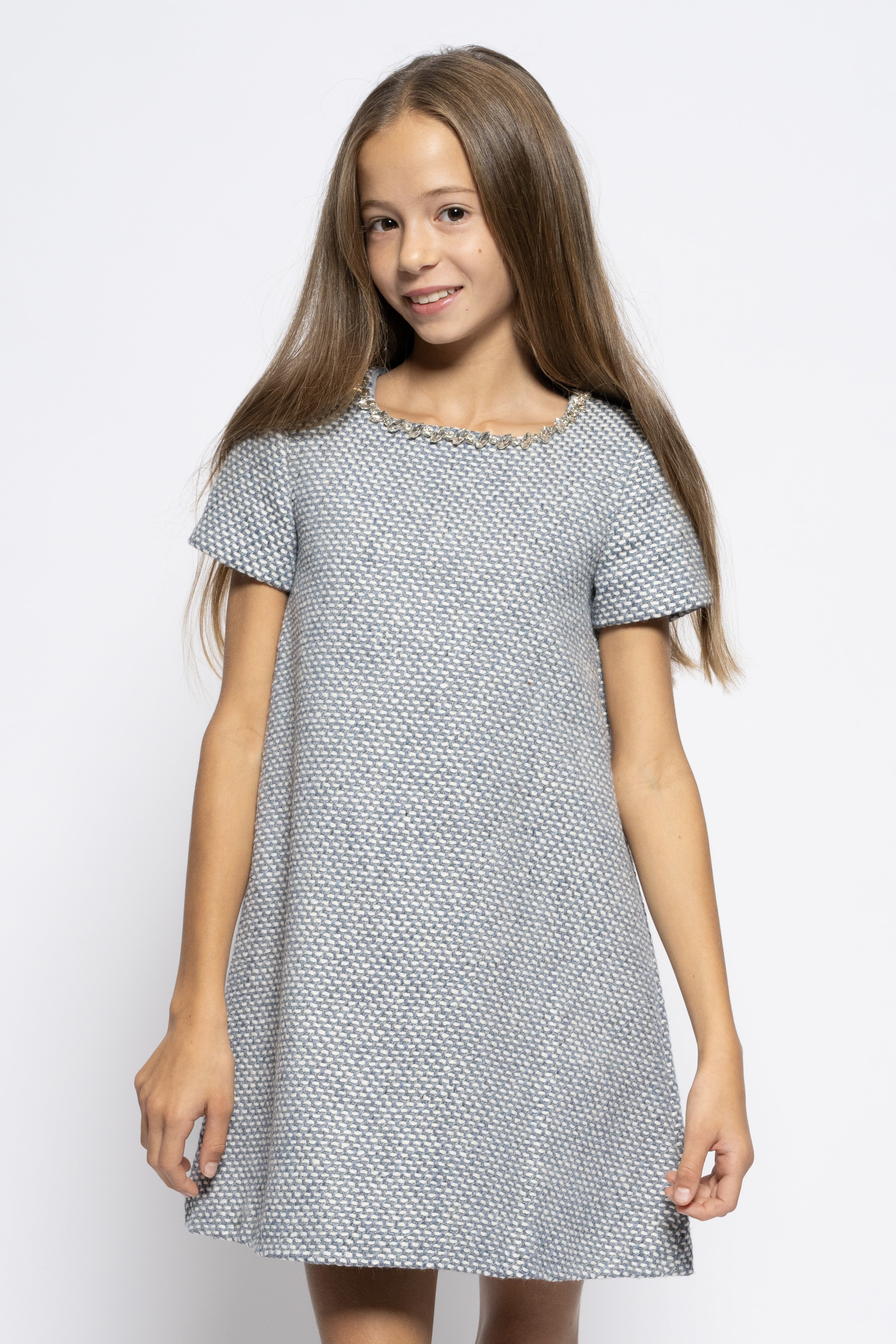 Kids blue woolen dress with crystals