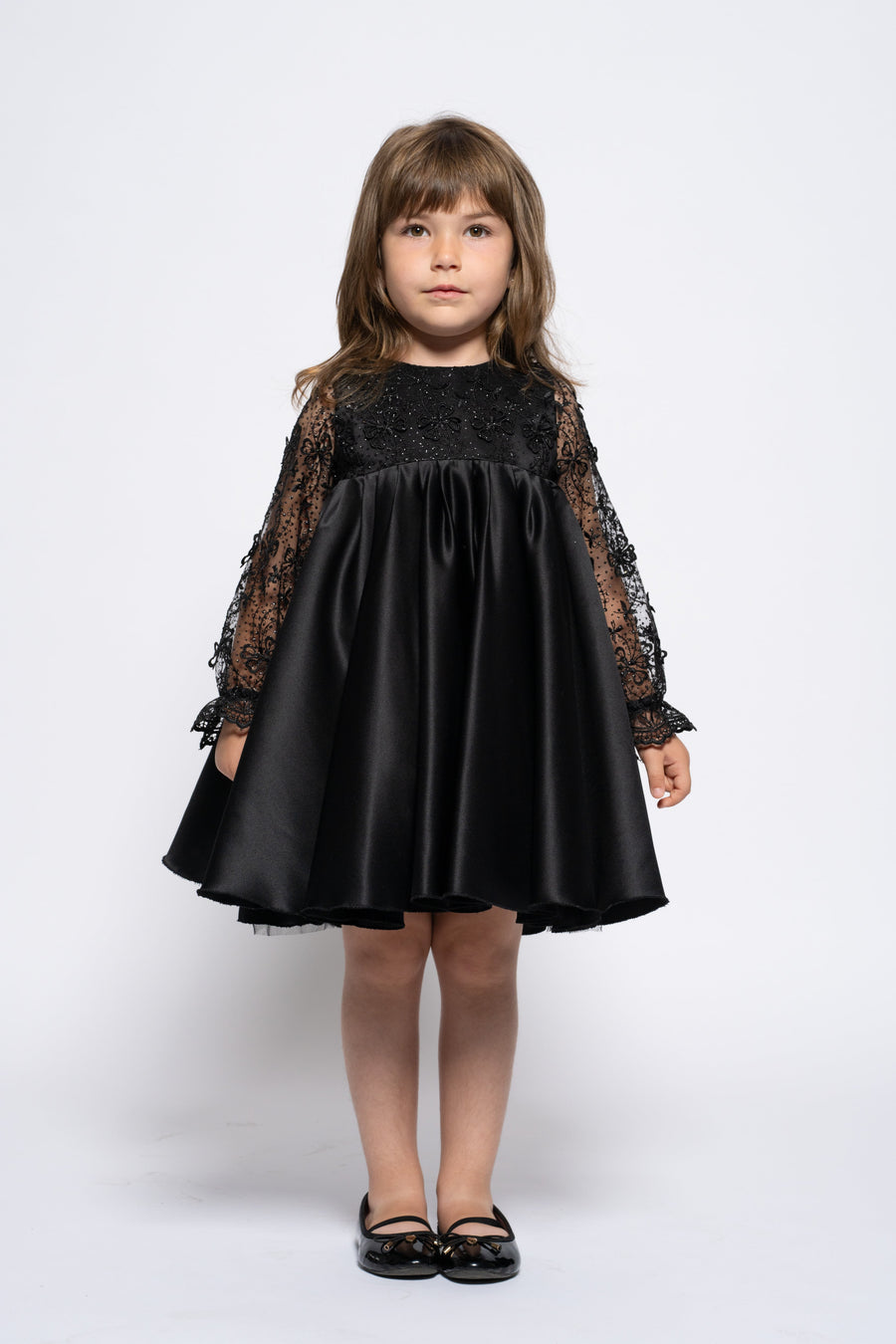 Black satin dress with lace sleeves