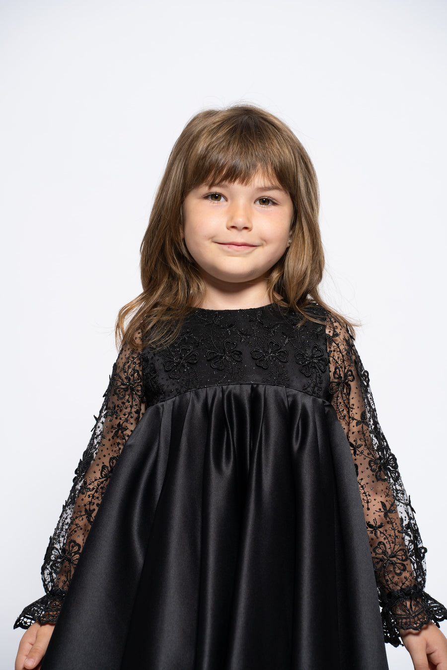 Kids black satin dress with lace sleeves