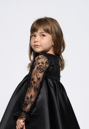 Kids black satin dress with lace sleeves