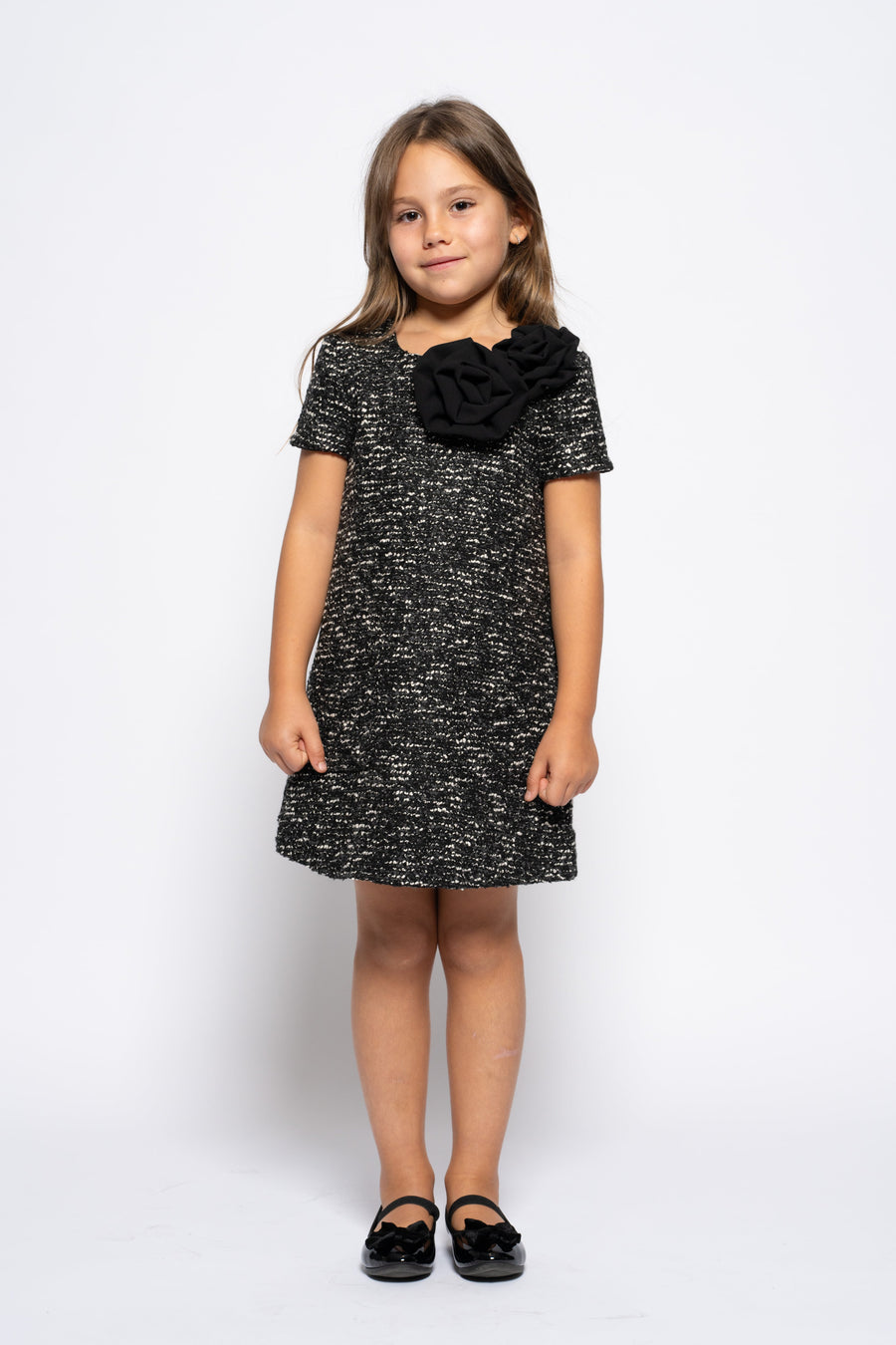 Kids black woolen dress with roses